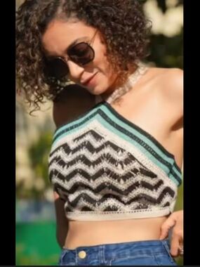 ZARA Crochet Zigzag Crop Halter Top in Black, Cream & Teal